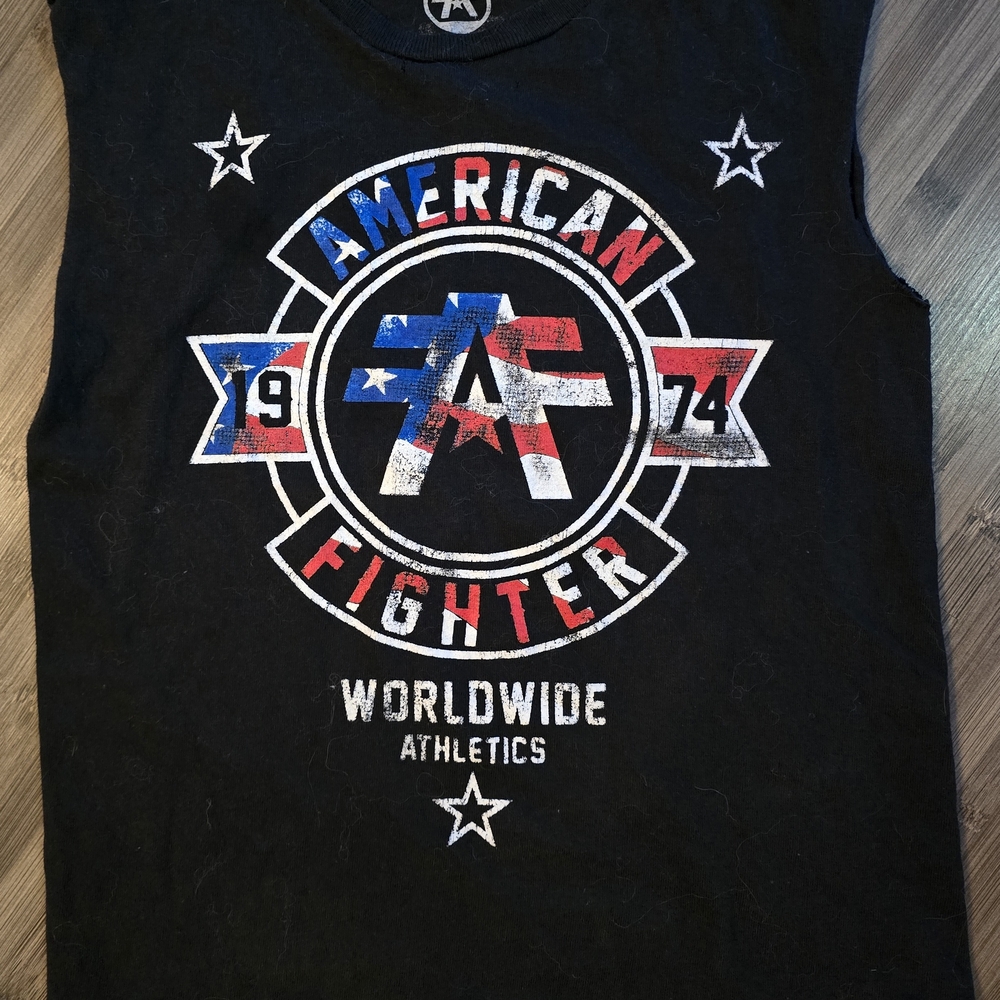 American Fighter Boys Shirt Medium Black Sleeveless American Flag Design